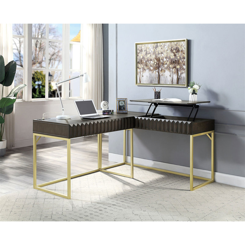 Bureau d'ordinateur transitionnel bicolore noyer, port USB avec plateau relevable et tiroir dissimulé, Noyer