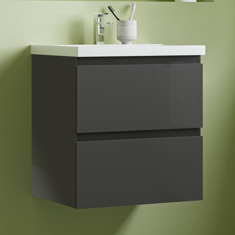 Corann 500 mm Wall Mounted Combined Vanity Unit with Drop In Ceramic Basin, Anthracite