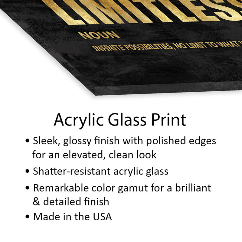 Limitless, impression dorée sur verre acrylique, H 16 po x l 24 po x P 0,25 po