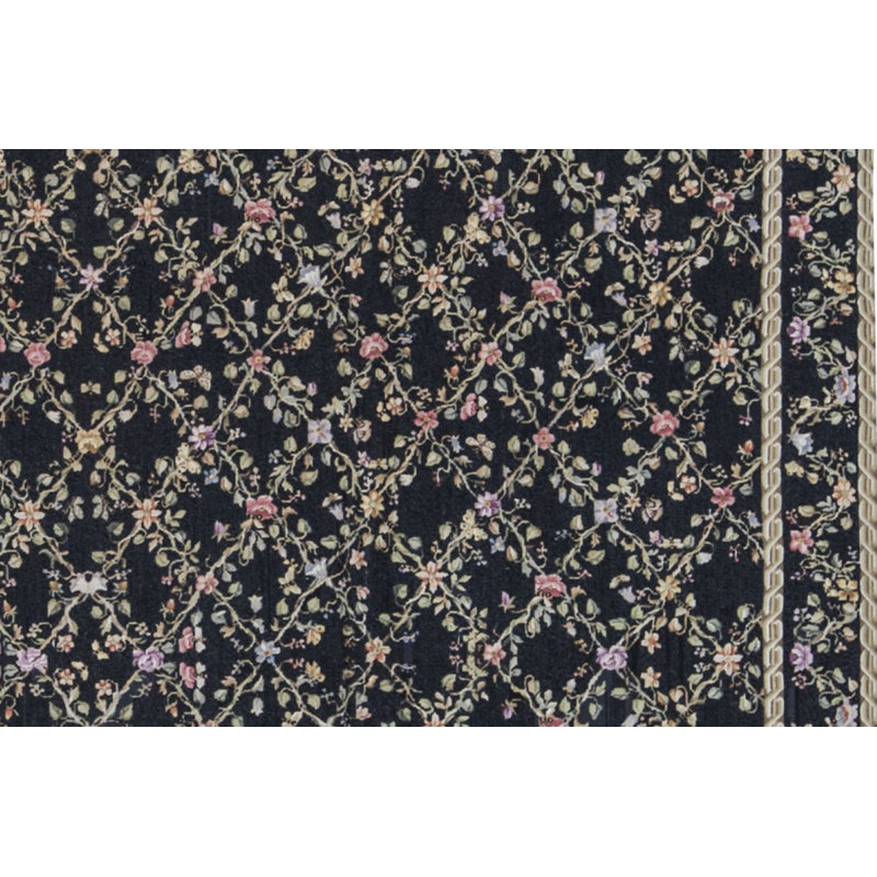 Needlepoint Hand-Knotted Wool Floral Area Rug in Black/Dark Green