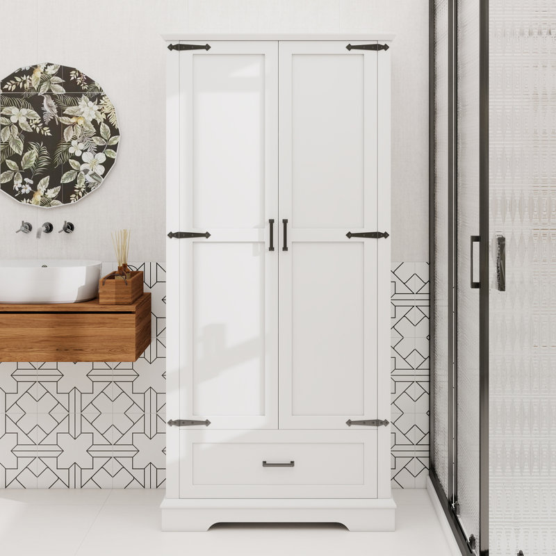Grande armoire de rangement pour salle de bain, armoire avec deux portes et un tiroir, tablette réglable, panneau de fibres à densité moyenne, blanc