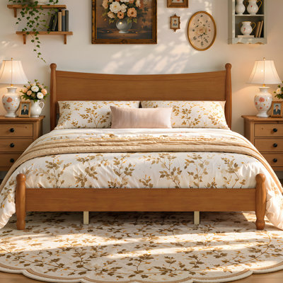 King Size Farmhouse Bed Frame with High Panel Headboard and Ball Finials, Vintage Rustic Platform Bed, Wooden Slat Support, No Box Spring Needed, Brown