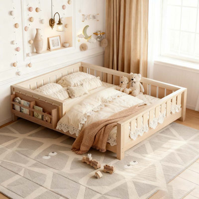 Twin bed with built-in bookshelf and high-quality safety guardrail