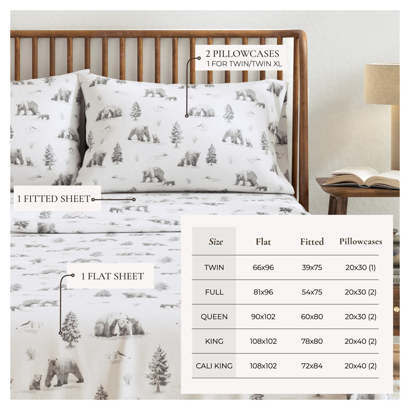 Ensemble de draps 100% flanelle d'hiver en coton turc, Ours polaires du pôle Nord, Twin with 1 Pillowcase