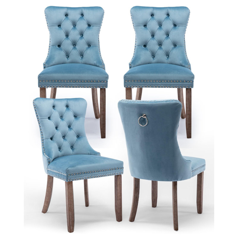 Chaises de salle à manger, chaise de salle à manger rembourrée haut de gamme avec anneau clouté, 4, Velours bleu ciel, Brun