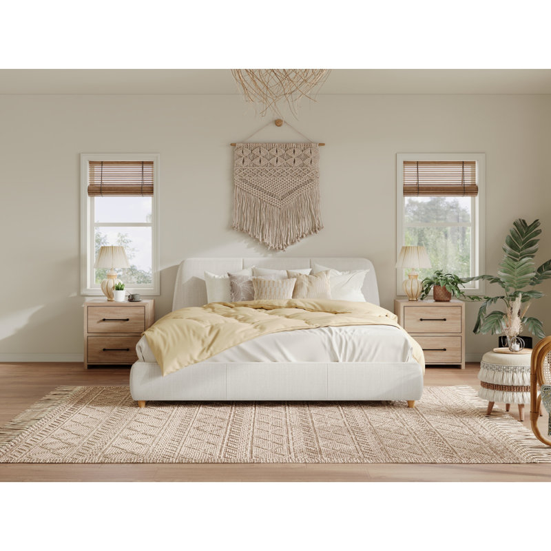 Structure de lit tapissier grand format moderne avec tissu en lin et pieds en bois massif, blanc, Grand lit