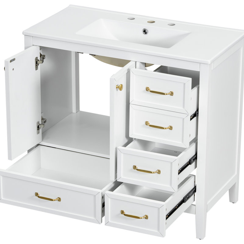 Meuble-lavabo 36 po avec lavabo en céramique, structure en pin massif, finition blanche, tiroirs, solution de rangement multi pour 36 po en blanc
