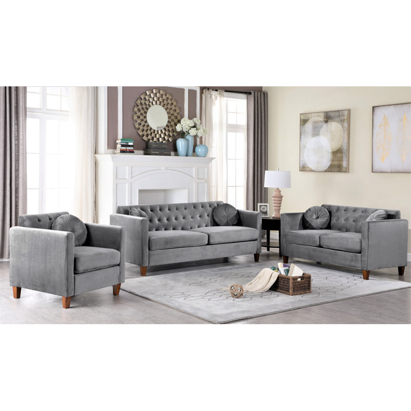 Ensemble de salon Pradfield Velvet Classic Chesterfield, Velours gris