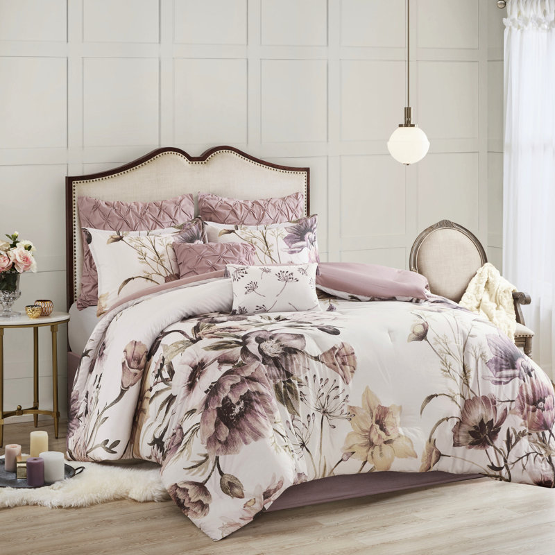 Édredon très grand Blush - coton 8 pièces avec imprimé floral à grande échelle et coussins de chambre à coucher Lavable à la machine