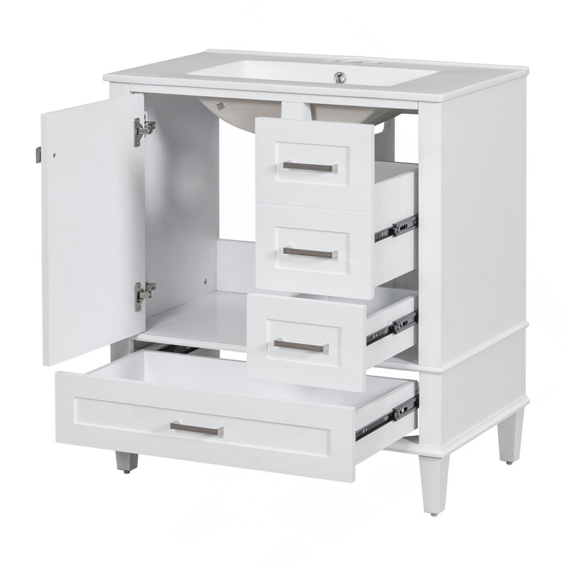 Ensemble de meuble-lavabo moderne avec ensemble lavabo 30 po, meuble-lavabo moderne avec porte à fermeture douce et 3 tiroirs, structure en bois massif (blanc)