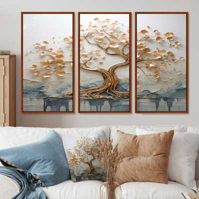 Arbre doré dans un lac au début du printemps I - ensemble d'art mural arbre