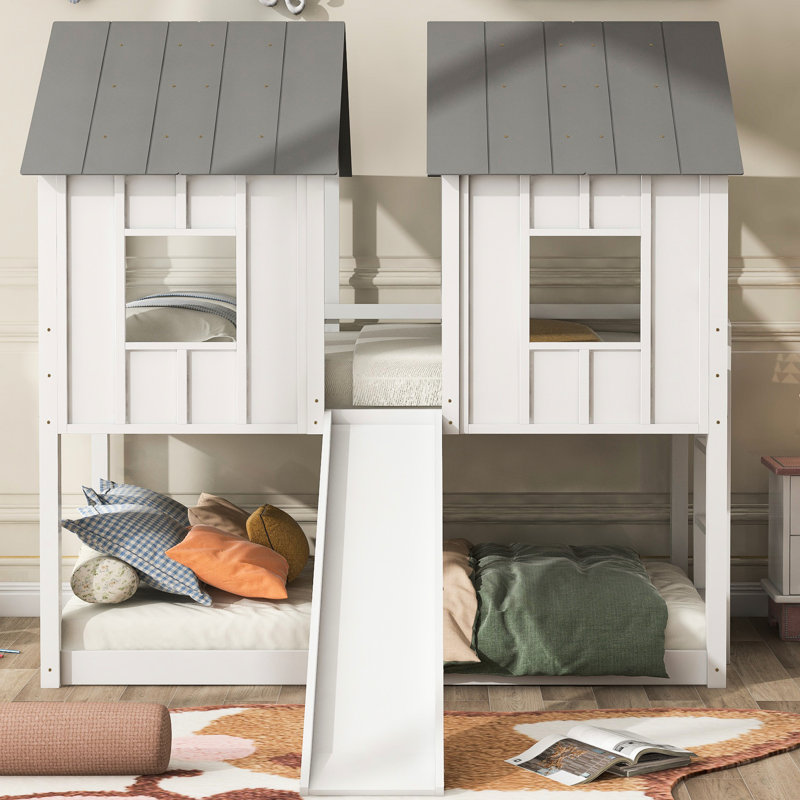 Twin Over Bunk Bed With Windows - Provide A Relaxing And Safe Sleep Space House Slide Made Of Materials For Long-term Use