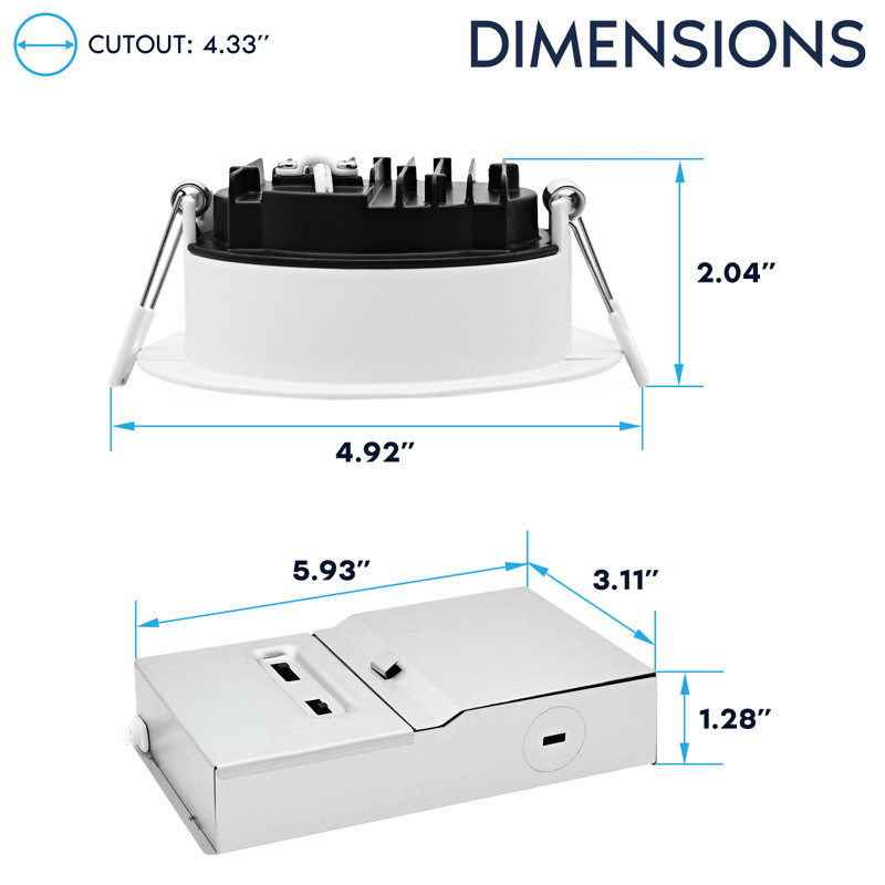 Luxrite 4 po Mini projecteur à DEL à DEL régressé, 5CCT, 12/15 / 19W, 1000/1400 / 1800LM, double intensité variable (triac et 0 à 10V), faisceau 100 °, calibré à l'humidité, paquet de 6 ETL