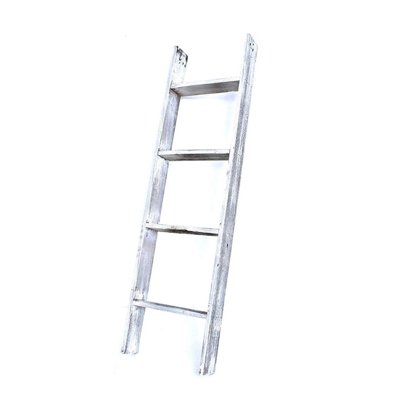 Orla Rustic Step Wood Ladder Shelf, White, (4 Shelves) 49" H x 14" W x 4" D
