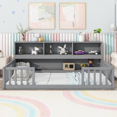 Floor Bed With Side Bookcase,Shelves,Guardrails,