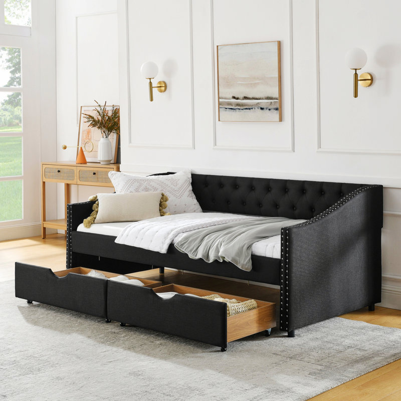 Daybed With Drawers, Upholstered Tufted Bed Frame, Twin, Black