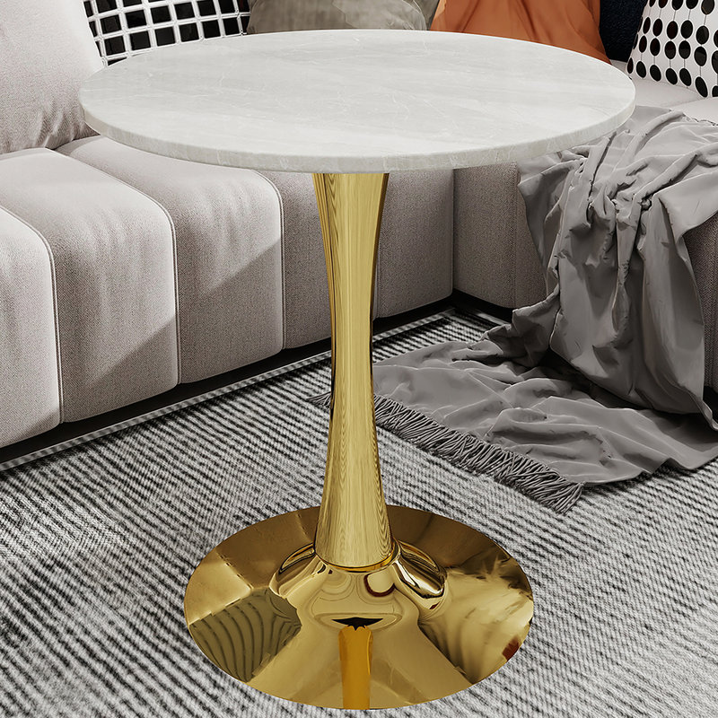 Marble-Top Round Side Table with Tapered Pedestal Base, Ideal for Living Room, Modern Minimalist Design, Gold, Beige