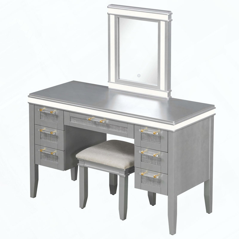 Meuble-lavabo 48 po avec miroir et lumières, 7 tiroirs et tabouret rembourré, Bleu grisâtre