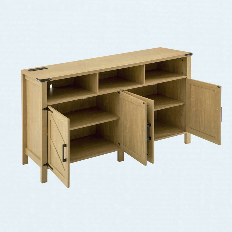 59" Modern Sideboard Buffet Cabinet with Power Outlets, USB Ports and Adjustable Shelves, Natural Wood