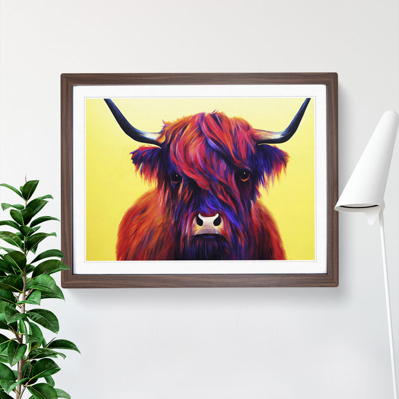 Colourful Highland Cow Vol.3 1 Piece Single Picture Frame Wall Art, 46cm H x 64cm W x 2cm D, Walnut Framed