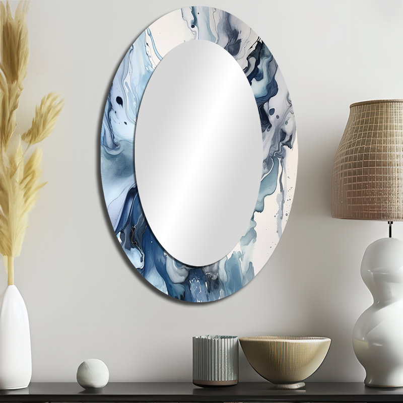 Elixir II bleu et gris - Miroir décoratif ovale abstrait sur métal, 36 po x 24 po
