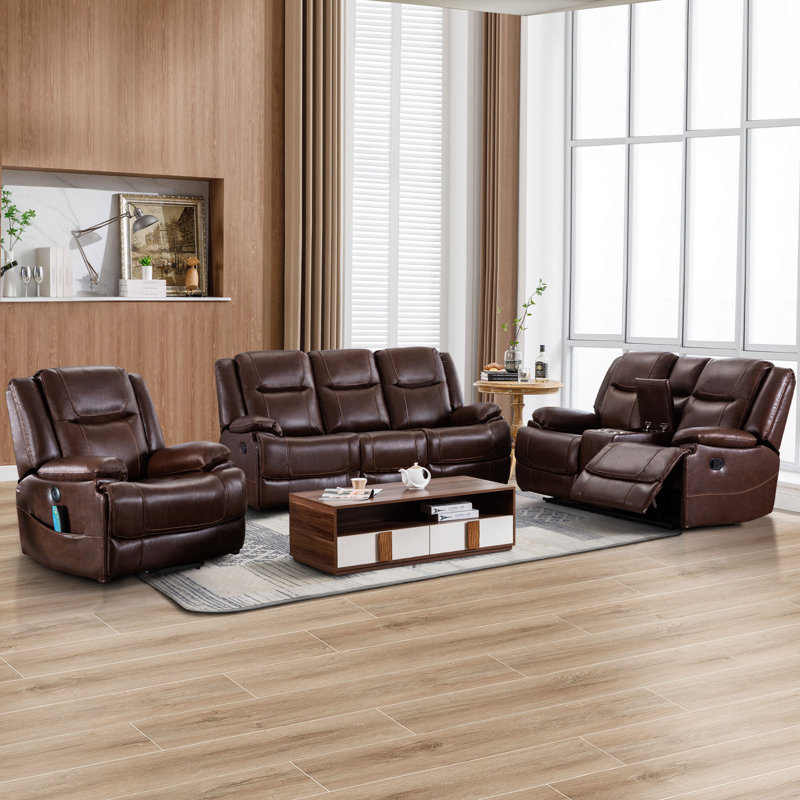 3-Piece Genuine Leather Reclining Living Room Set