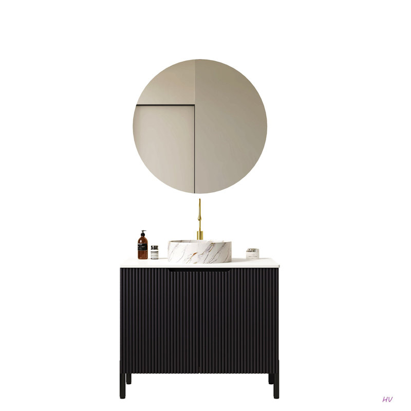 Meuble-lavabo de salle de bain 30 po avec lavabo, meuble de rangement autoportant avec 2 portes, lavabo rond en céramique avec motif en pierre et comptoir de Carrare, sans robinet
