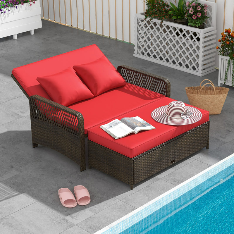 Causeuse de patio en rotin avec repose-pieds en osier et repose-pieds multifonctionnel, Rouge