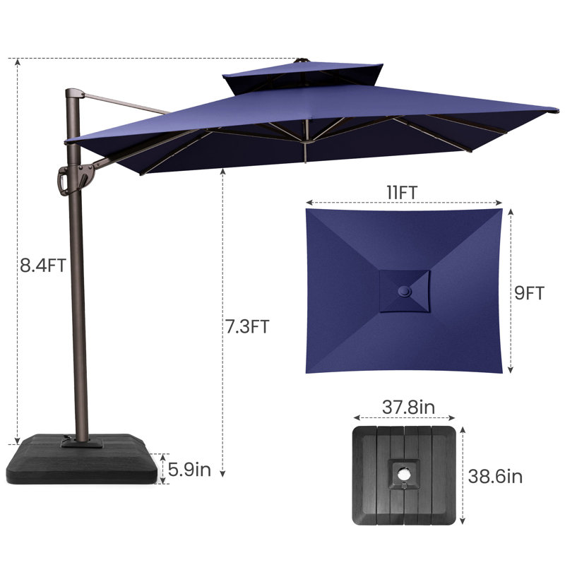 Parasol rectangulaire en porte-à-faux 11 pi x 9 pi avec base robuste, Navy Blue