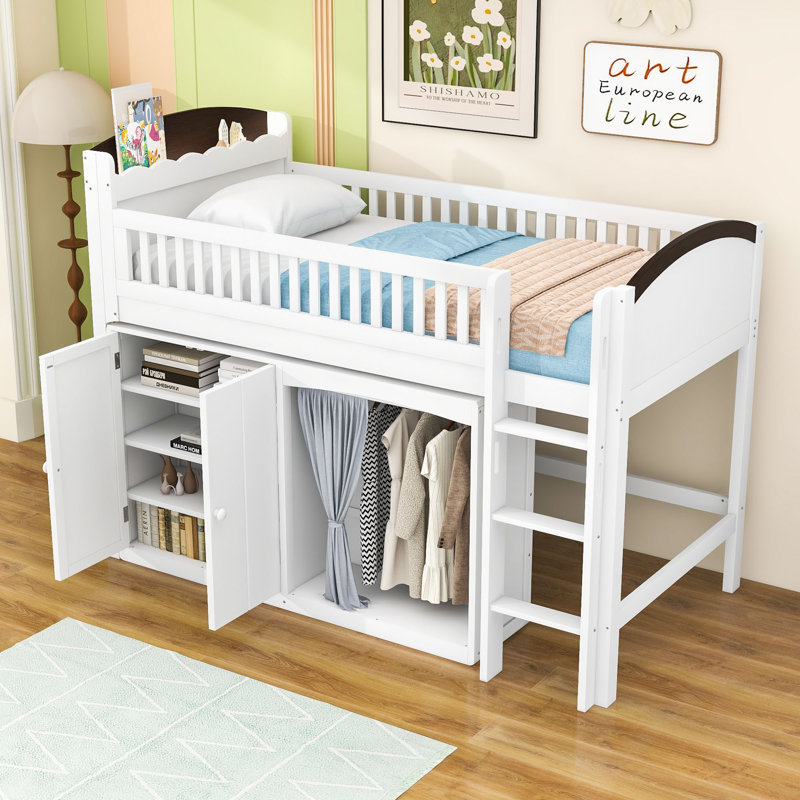 Lit mezzanine en bois avec éclairage à DEL, armoire de rangement et garde-robe, Lit simple, Blanc espresso