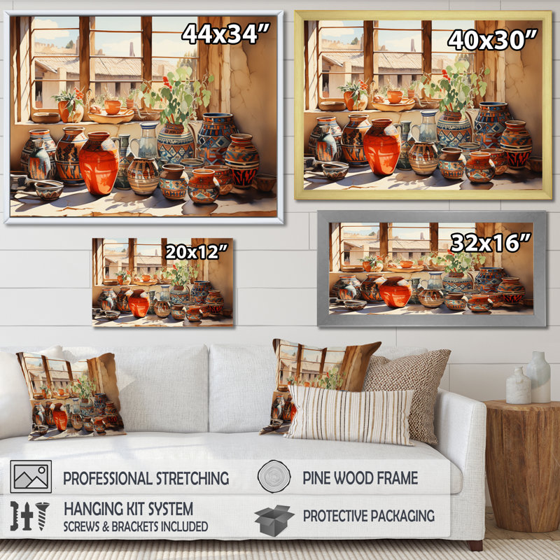 Art amérindien Pueblo Pottery I - Art mural amérindien, H 24 po x l 32 po x P 1 po, Cadre flottant doré