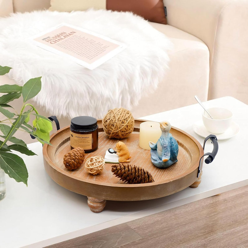 Plateau décoratif en bois 13 pouces avec poignées en métal pour table basse