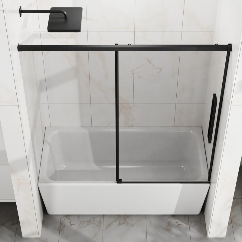 Porte de douche coulissante réglable 60 po, semi-Width 60 po, verre trempé transparent de 6 mm, technologie anti-éclaboussures, roulettes en acier inoxydable, porte coulissante semi-mate noire mat, verre de 6 mm, réglable de 56 po à 60 po,