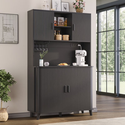 71"H Freestanding Kitchen Pantry Cabinet, Food Storage Cabinet & Buffet Sideboard With Large Adjustable Storage, Wine Rack, Built-In Charging Station by Latitude Run