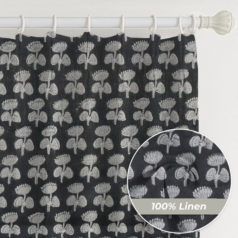 Fabdivine Summer, Spring Floral Block Print Curtain Handmade Two-Side Panels, 27x102 Inches, Soft Boho Pure Linen, Black Pleated Pinch Drapes for Blackout, Bedroom, Kitchen, or Patio, Damru