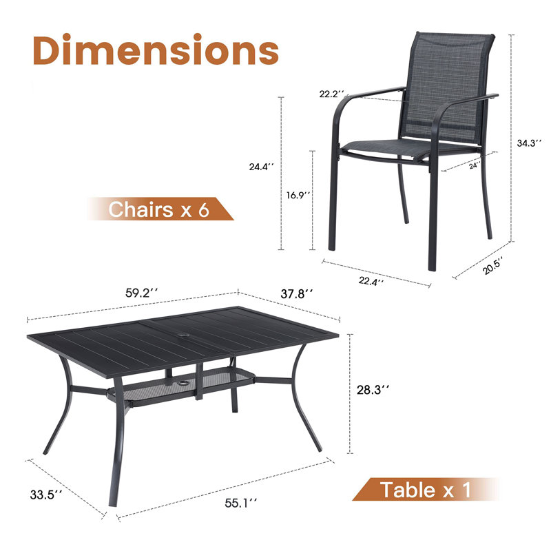 Cihangir Rectangular 6 - Person 60'' L Outdoor Patio Dining Set with 6 Stackable Textilene Armrest Chairs, Gray