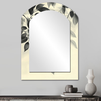 Grand miroir mural arqué noir sur fond de feuilles noires et douces Gentle Breeze III