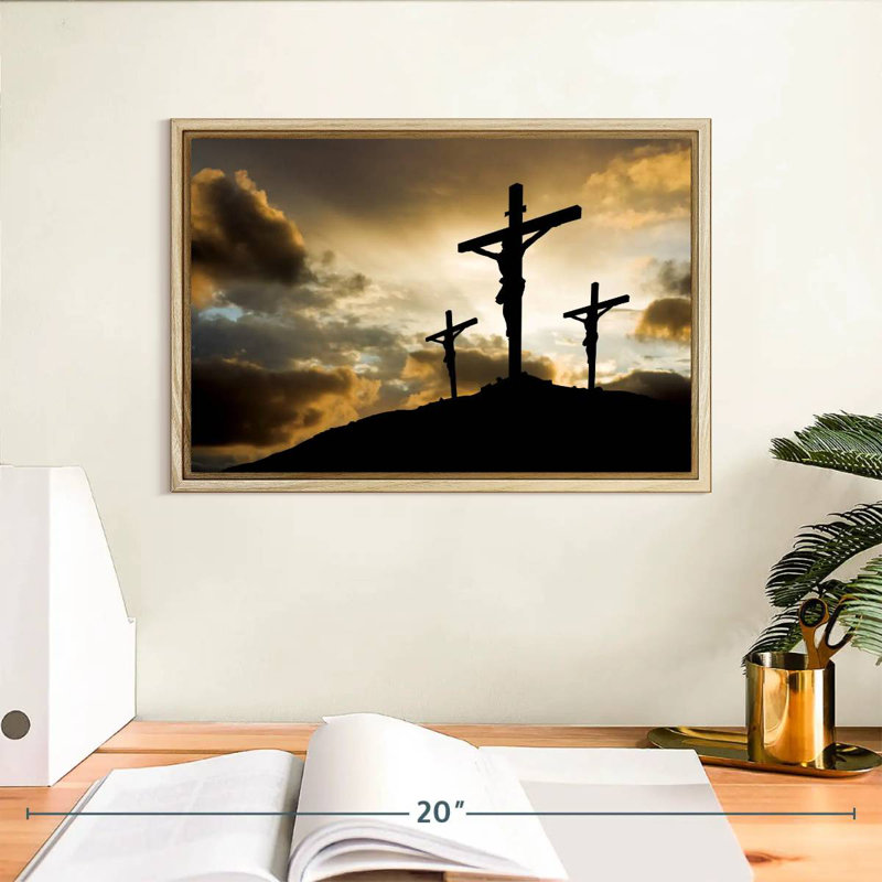 Croix au calvaire, Cadre flottant en bois naturel, 13 po x 9 po
