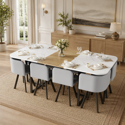 Ensemble de table de salle à manger 9 pièces carrée avec plateau en faux marbre blanc et triamine de grain de bois fixe et 8 chaises en cuir PU gris, parfait pour les réunions de famille et les salles à manger modernes