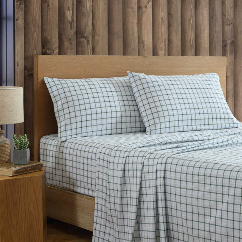 Shasta Lake Cotton Percale Standard Sheet Set, Full Sheet Set with 2 Pillowcases, Classic Tattersall Plaid Green