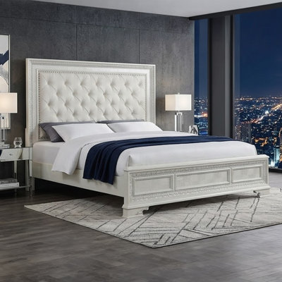 Miamy Queen Bed, Creamy White Wood, Panel Design, Silver Brushed Accents