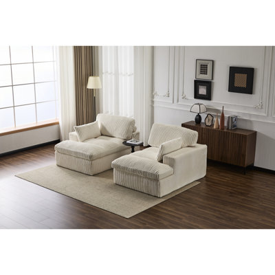 Oversized White Corduroy Double Chaise Sleeper, Upholstered Cloud Couch For Social Gatherings, Deep Seat Luxury Bed, Sectional Design, No Assembly, Memory Foam Filler, 2 Seats Love - Seat, Sleeper