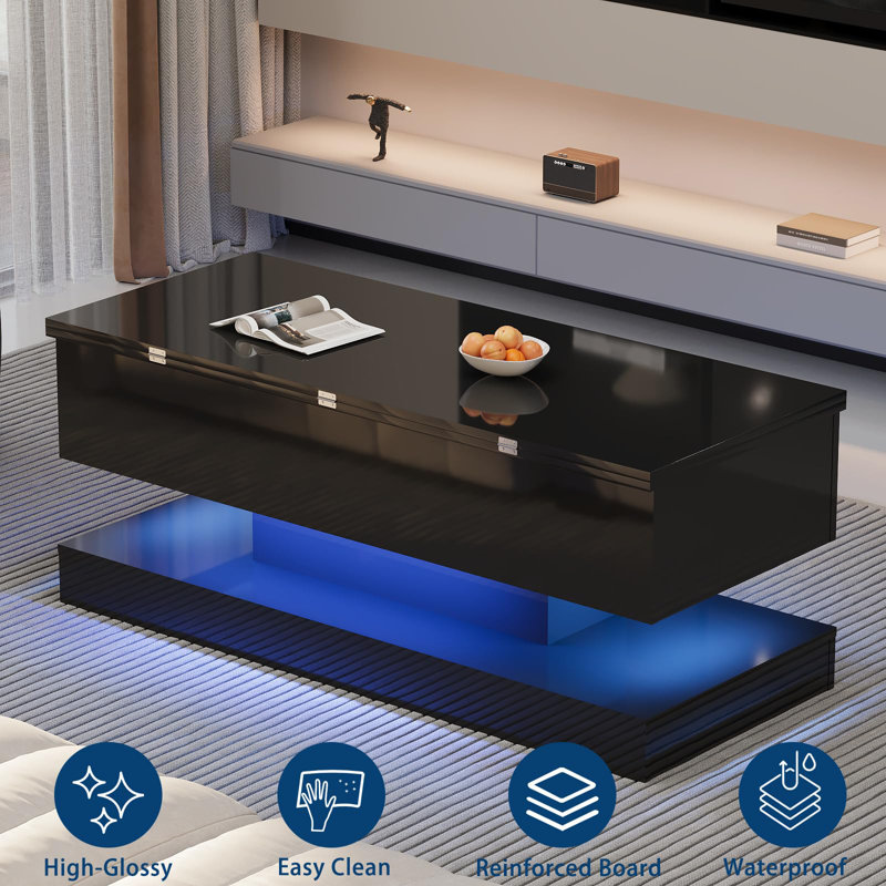 47.2-Inch Lift Top Coffee Table with LED Lighting, High-Gloss Storage Table with APP Control for Living Room, Dining Room, Home Office