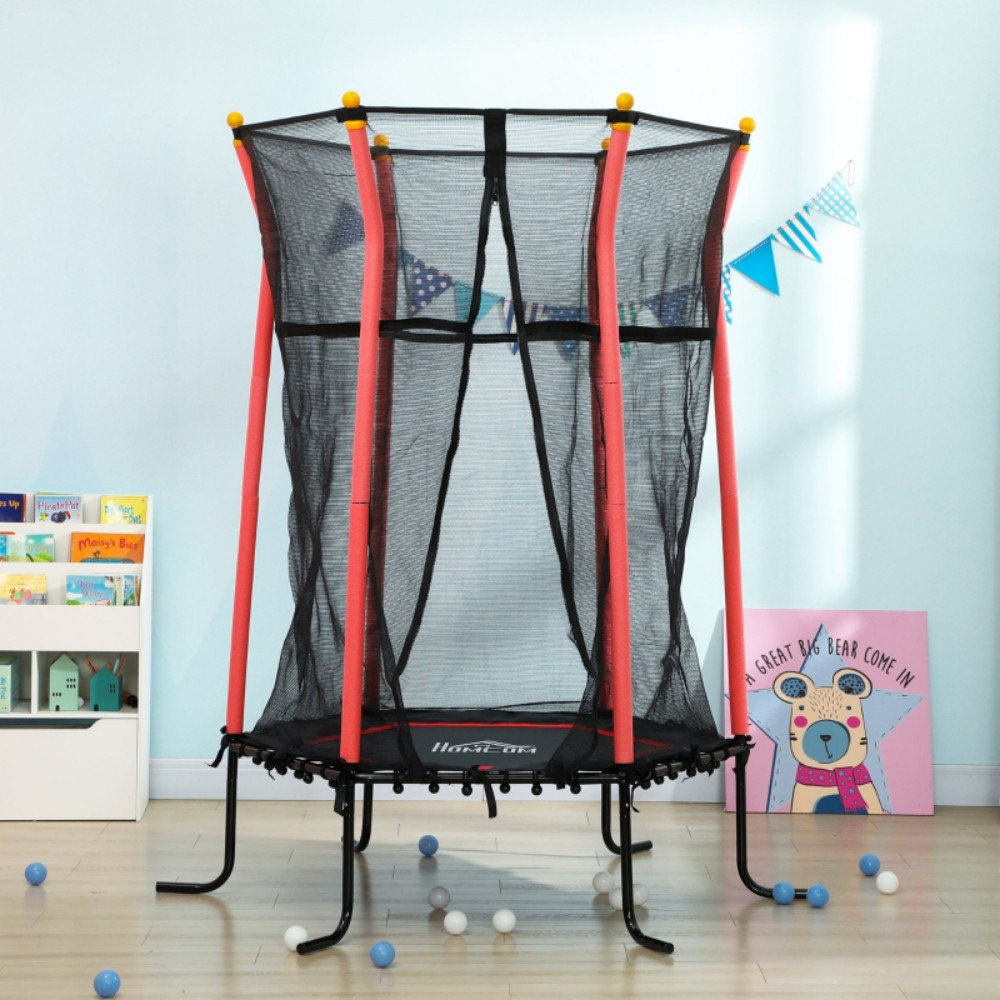 Kids Mini Trampoline With Safety Enclosure Net, Indoor Outdoor Bouncer For Ages 3-10, Red