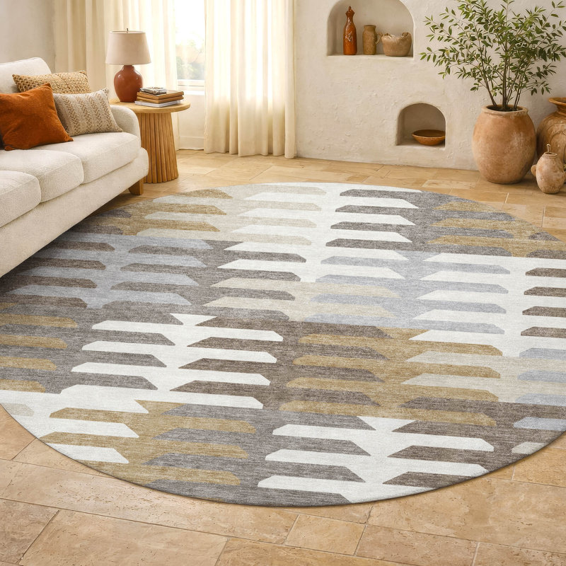Premium Machine Washable Mayfield AMF2328 Geometric Rug, Taupe, 8' Round