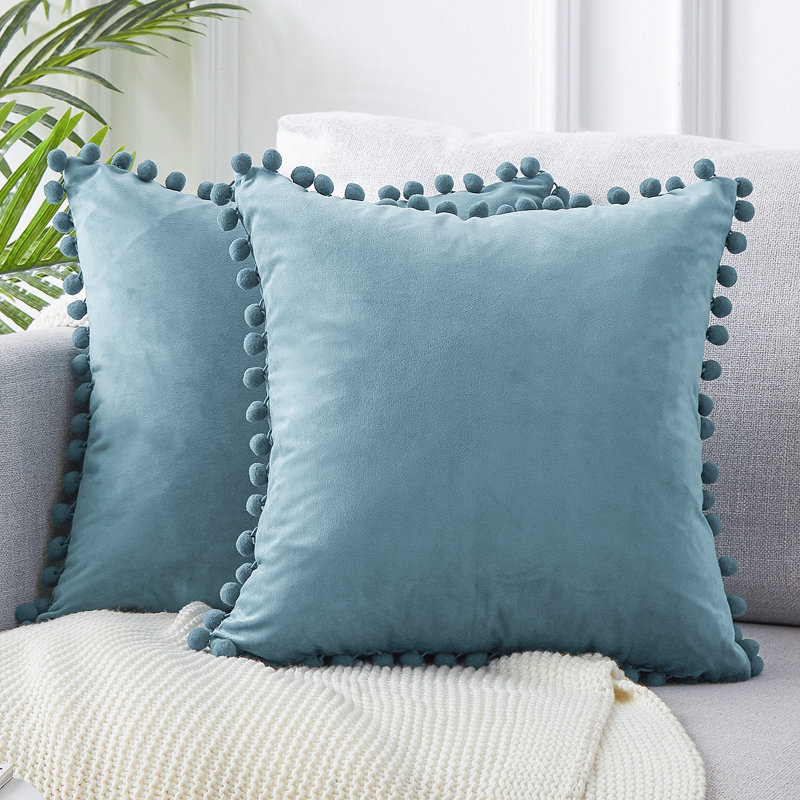 Deconovo Pom-poms Velvet Reversible Pillow Cover, Light Blue, 20" x 20"