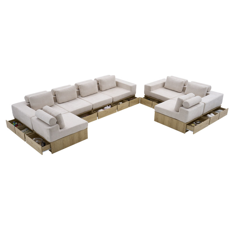 Canapé d'angle modulaire 8 places avec tiroirs de rangement, canapé multifonctionnel en forme de L avec base de rangement intégrée et table basse.