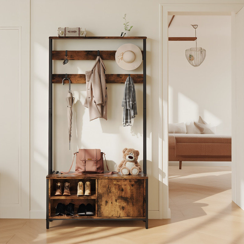 Arbre d'entrée de style industriel avec banc, rangement pour chaussures et 6 crochets, pour les entrées et les vestibules organisés.