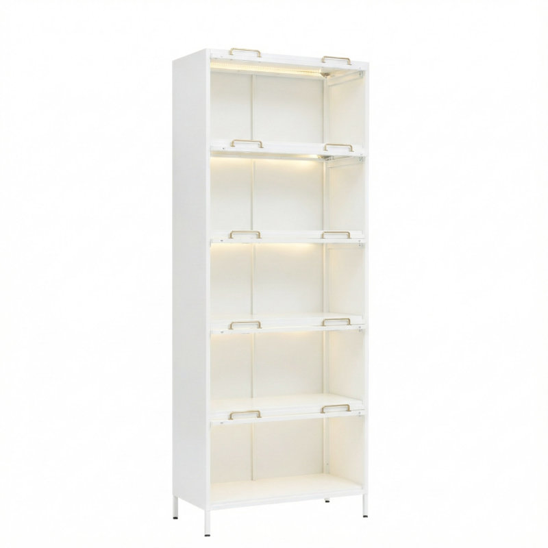 76.75'' Tall Iron Display Cabinet With Glass Doors, 5-Tier Steel Barister Bookcase With LED Lights For Collectibles, Modern Style Curio Cabinet For Home Living Room Office Study & Playroom
