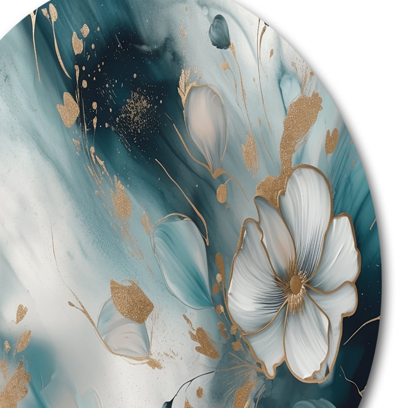 «Blue and Gold Exploration Floral Forms II», art mural rond floral abstrait en métal, H 36 po x l 36 po x P 1 po